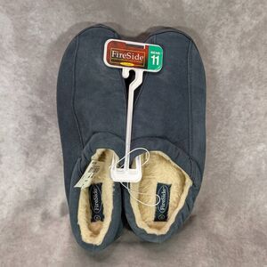 Footstar FireSide Mens Size 11 Slippers Navy Blue Suede Leather Faux Fur Lined